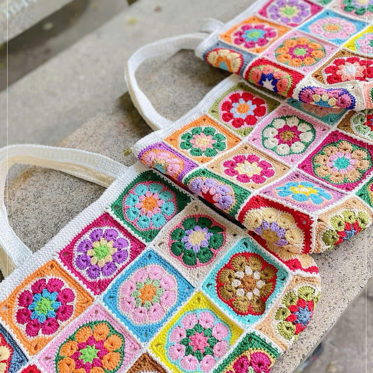 Granny square crochet bag, Africa flower summer bag, Big tote bag, handmade bag, Crochet shoulder bag,Birthday gift, summer Bag