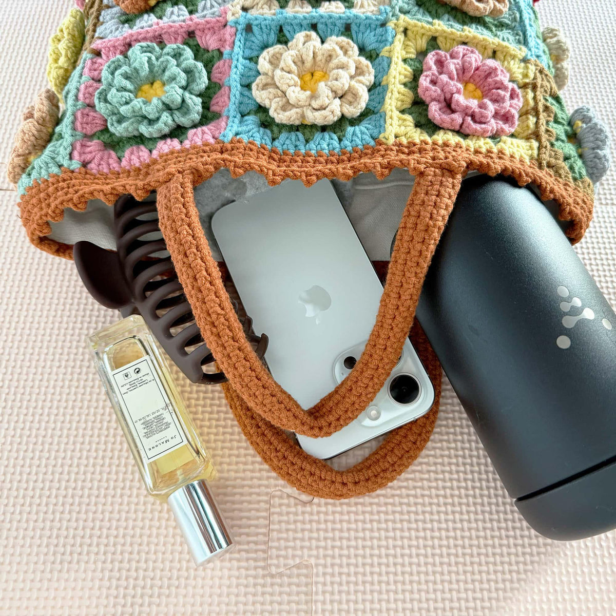 Handmade Crochet Granny Square Bag: Colorful Boho Yarn Tote