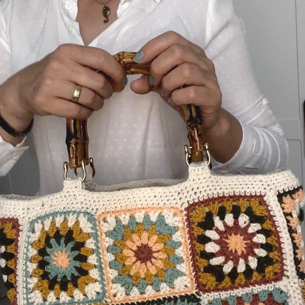 Handmade Crochet Granny Square Tote Bag, Boho Cotton with Bamboo Handles