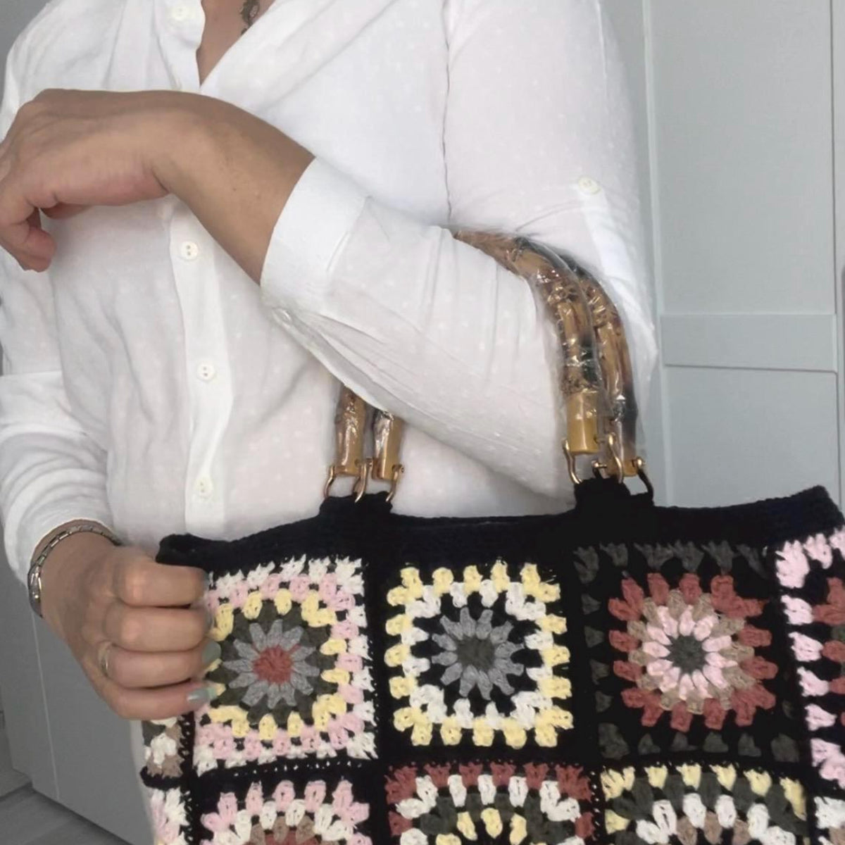 Handmade Crochet Granny Square Tote Bag, Boho Cotton with Bamboo Handles