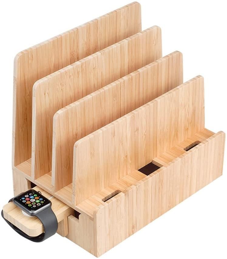 Bamboo Charging Station with Watch Charger Adapter – Multi-Device Organizer for Desk or Nightstand