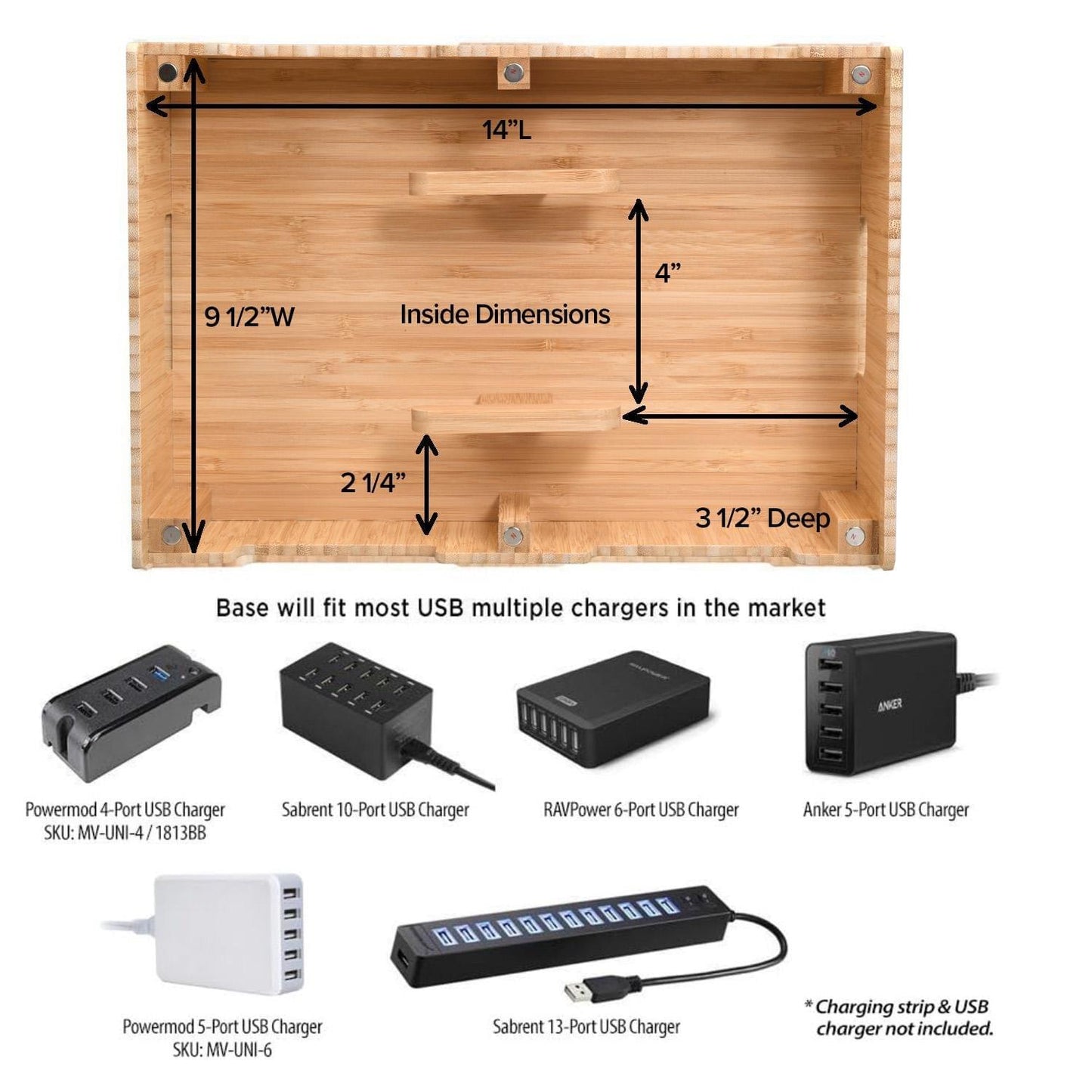 Bamboo 12-Port Charging Station & Docking Organizer for Smartphones, Tablets, Family-Sized (Combos Included)